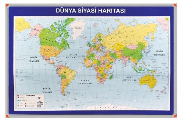 Dünya Haritası Alüminyum çerçeveli okul ve sınıf modeli 70x100 cm