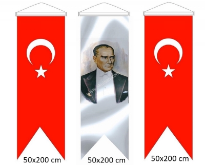 Atatürk posterleri kırlangıç model Türk bayrağı ve Atatürk resmi 50x200 cm