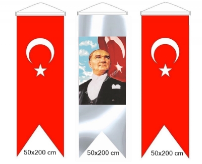 Atatürk posteri kırlangıç model Atatürk resmi ve Türk bayrağı 50x200 cm