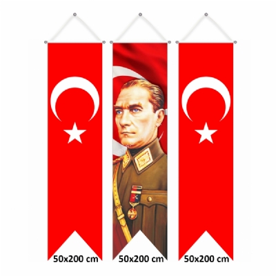 Atatürk Resimli Kırlangıç Bayrak ve Türk Bayrağı 50x200 cm