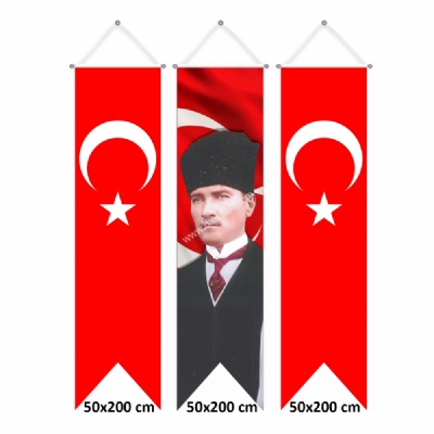 Türk Bayraklı ve Atatürk Resimli Kırlangıç Bayrakları 50x200 cm